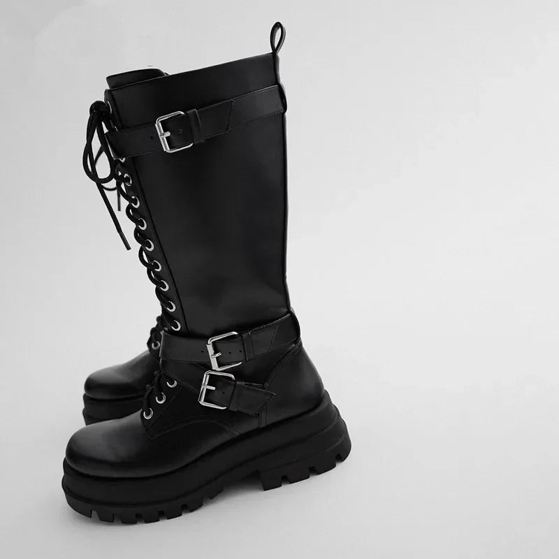 Women's Black Lace-Up Knee High Platform Motorcycle Boots with Chain - Image 2