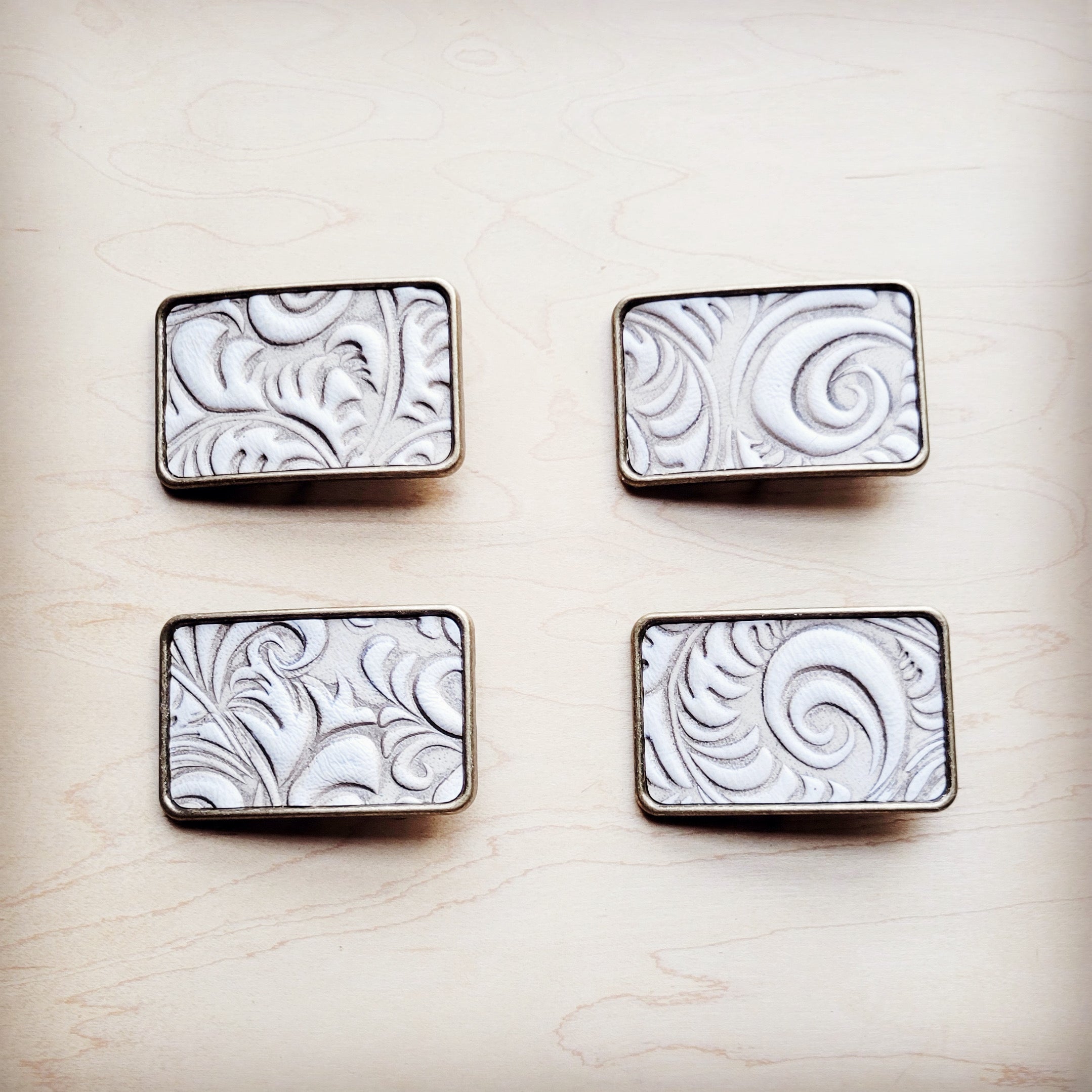 **Rectangle Sandy White Floral Leather Belt Buckle 906ff