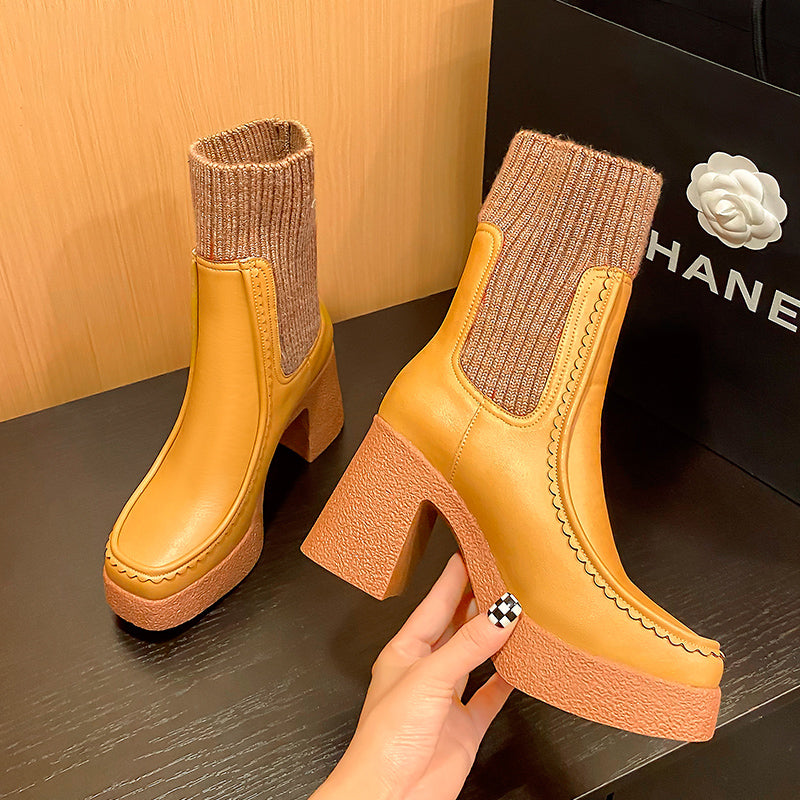 Women's Genuine Leather Chunky Platform Ankle Boots Black & Brown - Image 5