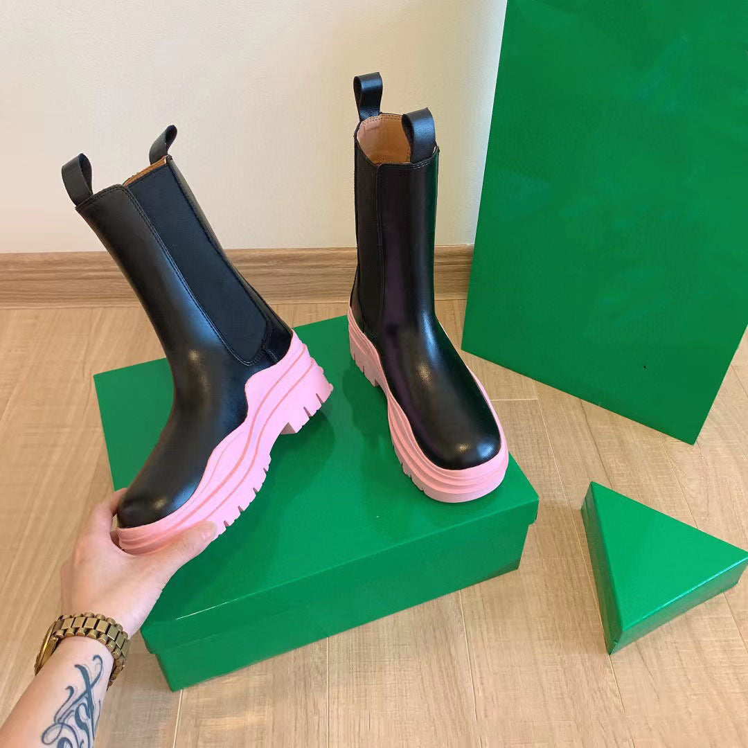 Women's Mid-Calf Chelsea Boots with Chunky Neon Green Sole - Image 11