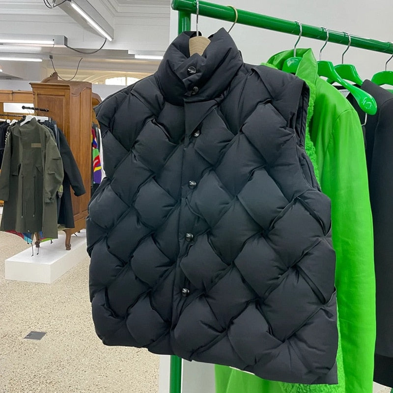 Woven Pattern Green & Black Quilted Puffer Vest Harajuku Style - Image 8