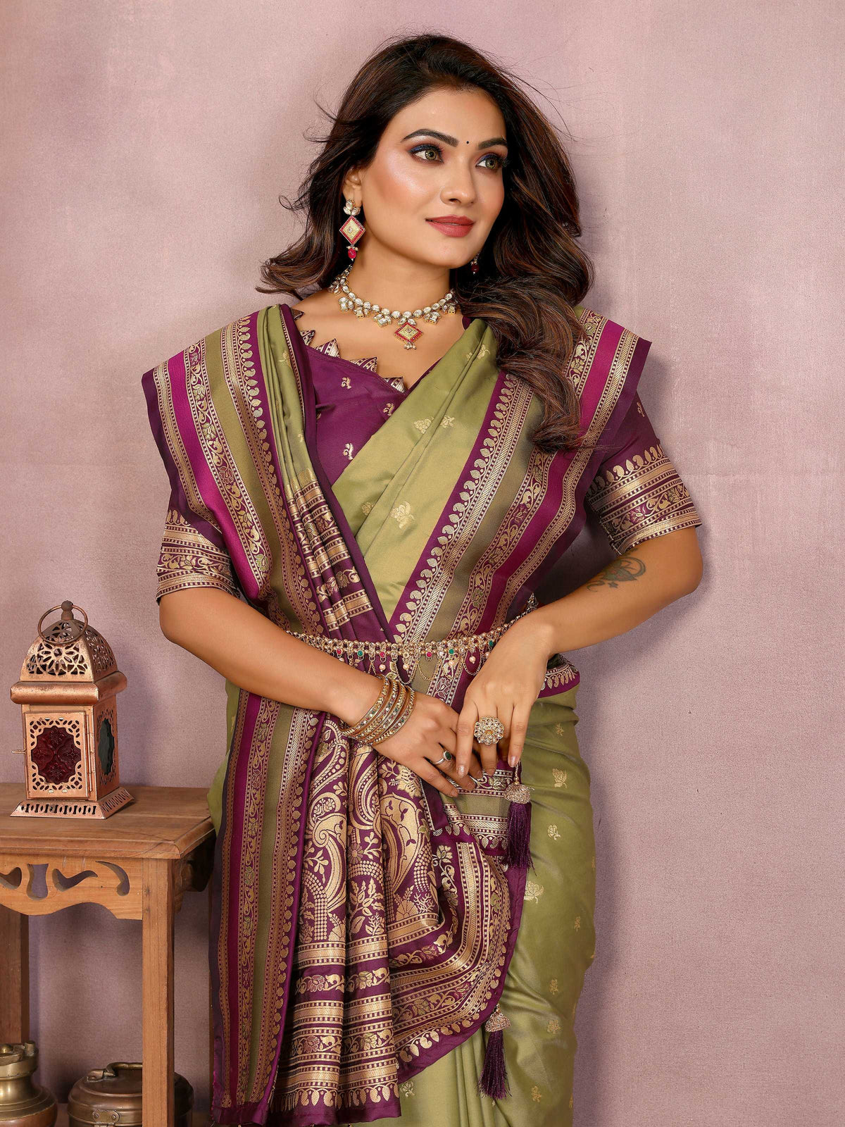 Mehndi Kalamkari Silk Saree with Intricate Weaving