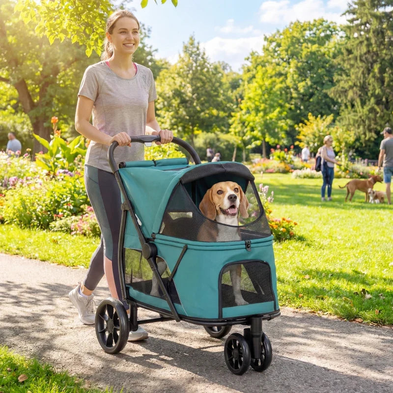3 Wheel Pet Stroller with Easy One-Click Quick Fold, Mesh Window, Washable Cushion, for Medium Dogs