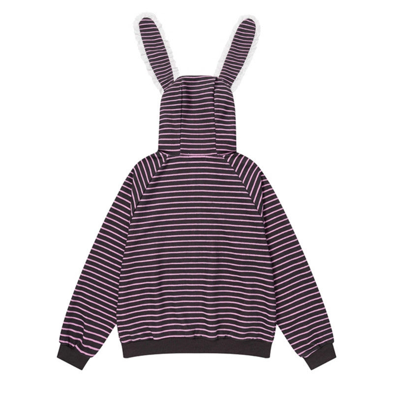 Women's Striped Bunny Ear Full-Zip Hoodie - Harajuku Style - Image 2