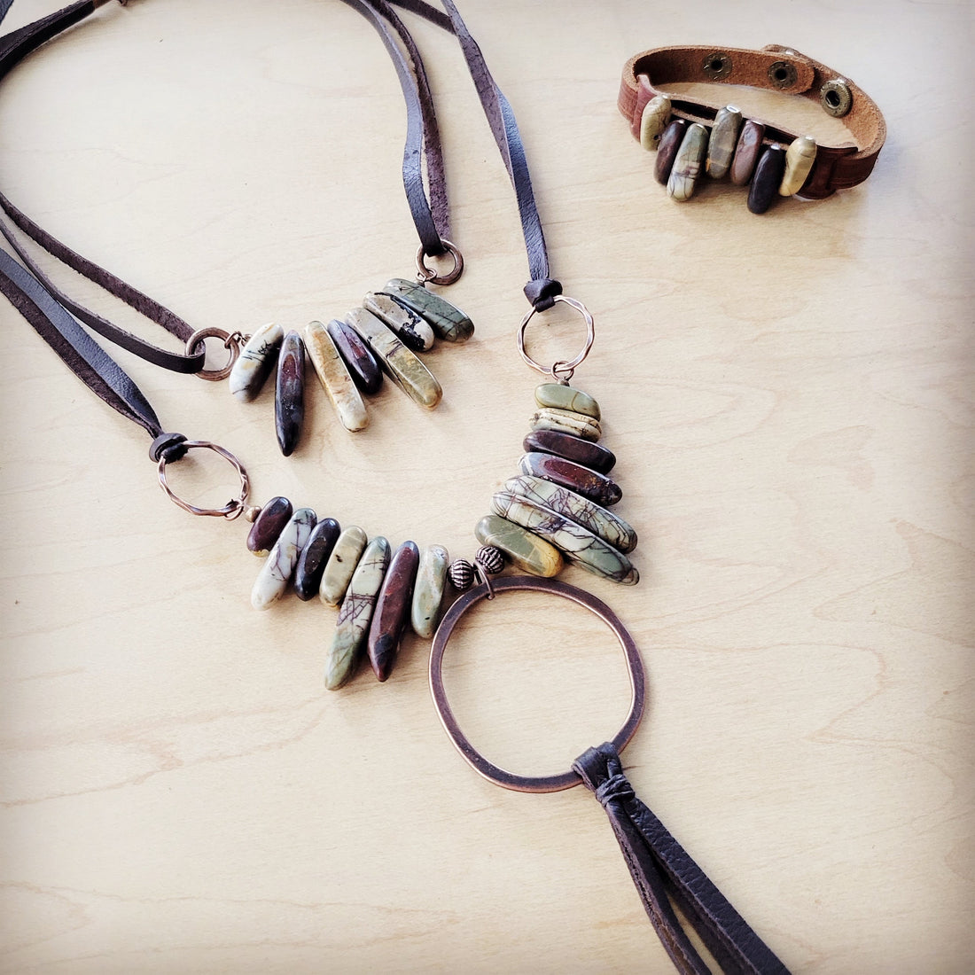 Genuine Leather Cuff Bracelet with Picasso Jasper Stones - Image 4
