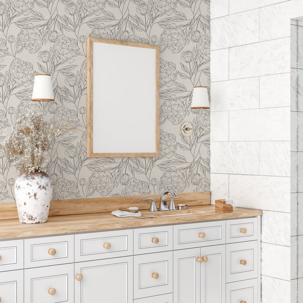 Farrah Modern Farmhouse Floral Wallpaper in Charcoal and Cream