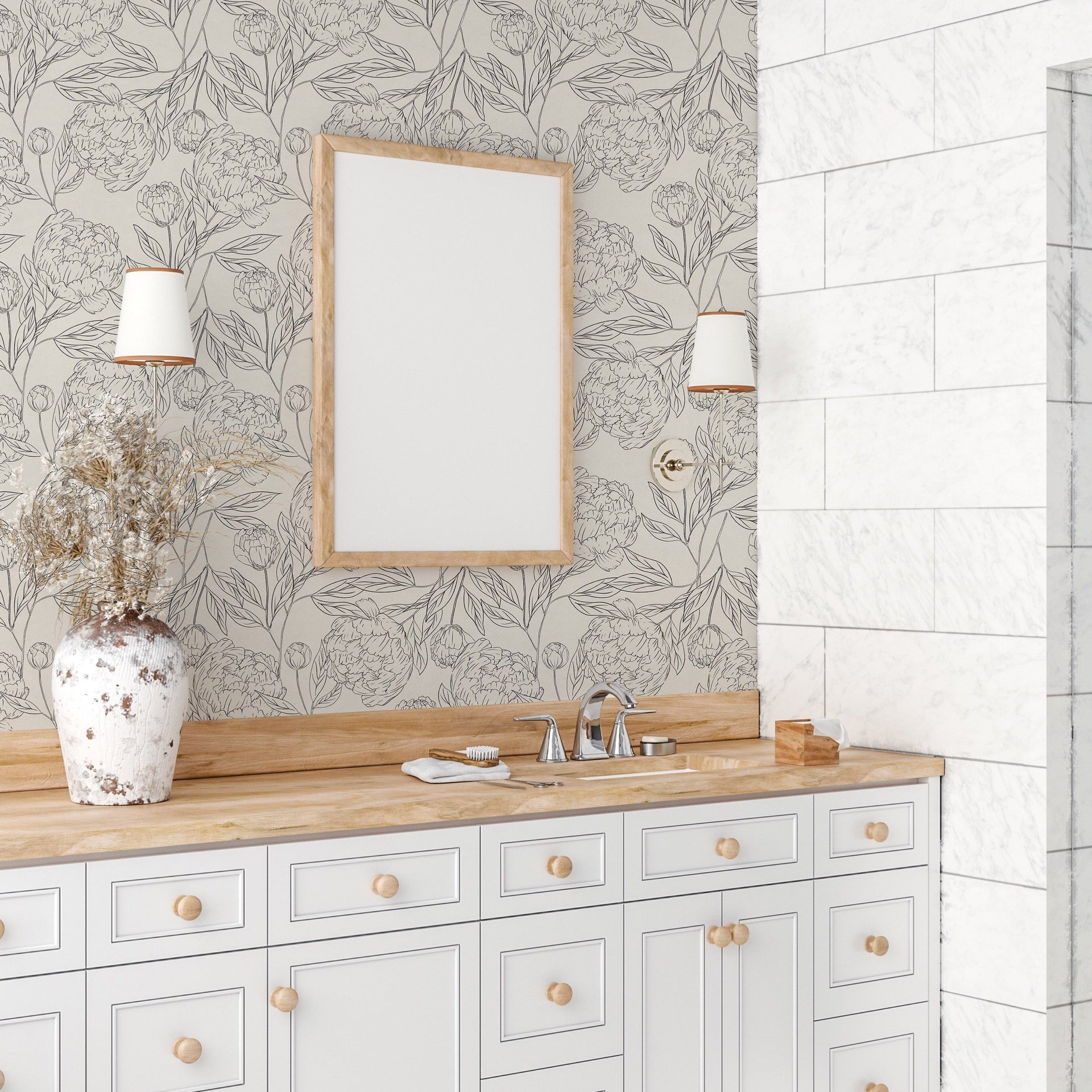 Farrah Modern Farmhouse Floral Wallpaper in Charcoal and Cream