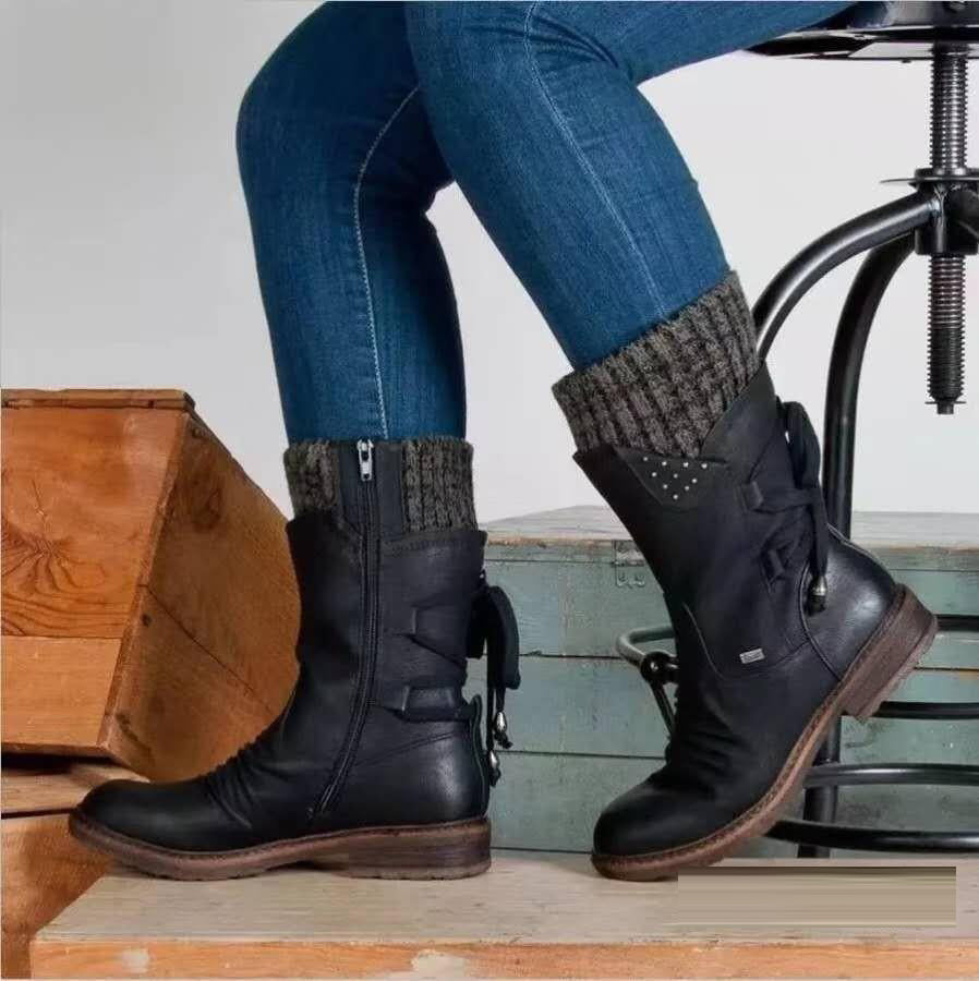 Women's Mid-Calf Lace-Up Boots with Knit Cuff and Side Zipper - Image 4