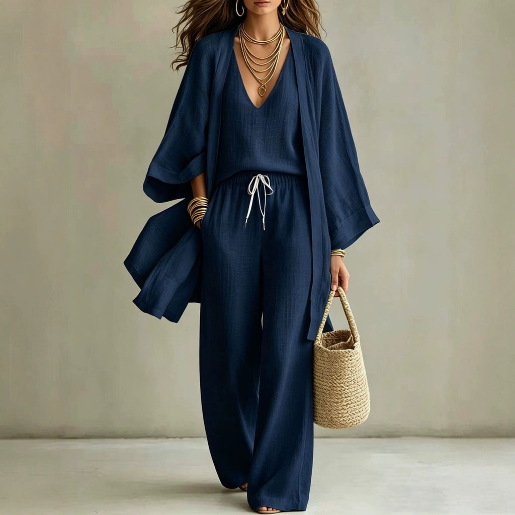 Women's 3-Piece Linen Loungewear Set: Cardigan, Vest & Wide-Leg Pants