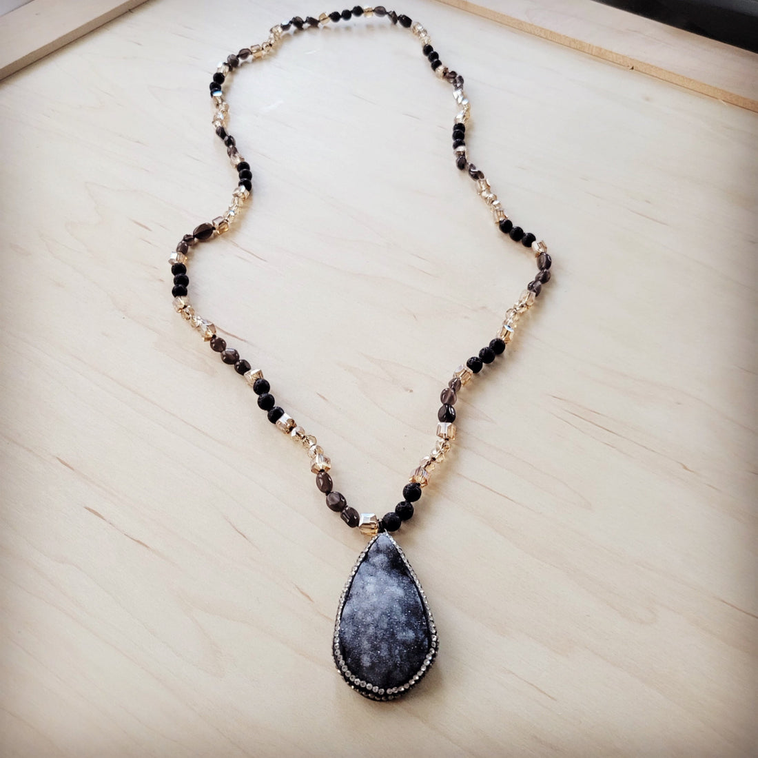 Black Lava Bead Necklace with Sparkling Druzy Teardrop Pendant - Image 3