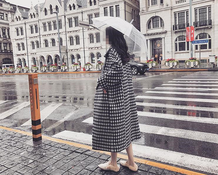 Women's Harajuku Style Black White Checkered Wool Long Coat - Image 4