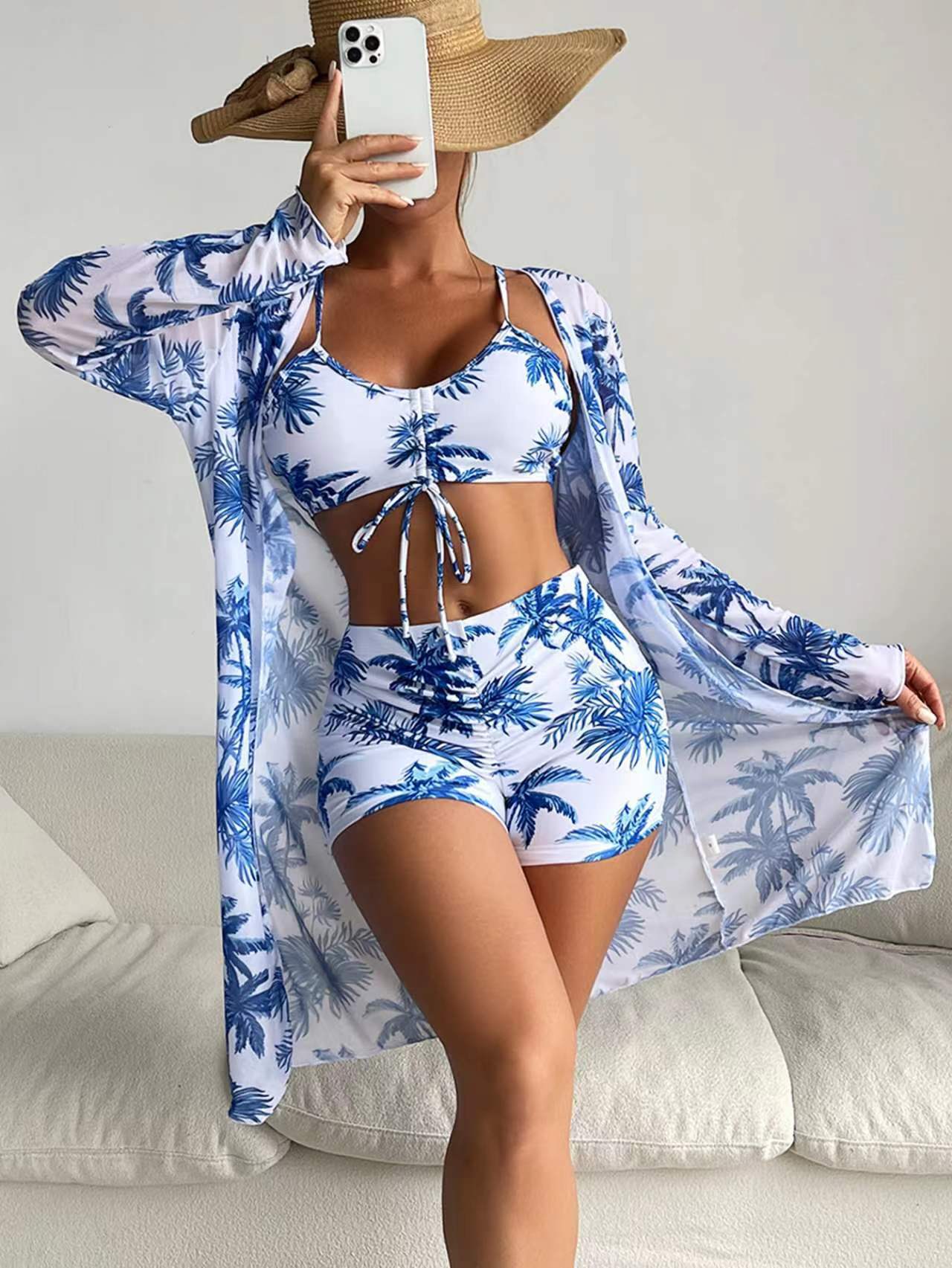 Three-Piece Bikini Set with Sheer Mesh Cover-Up and Briefs