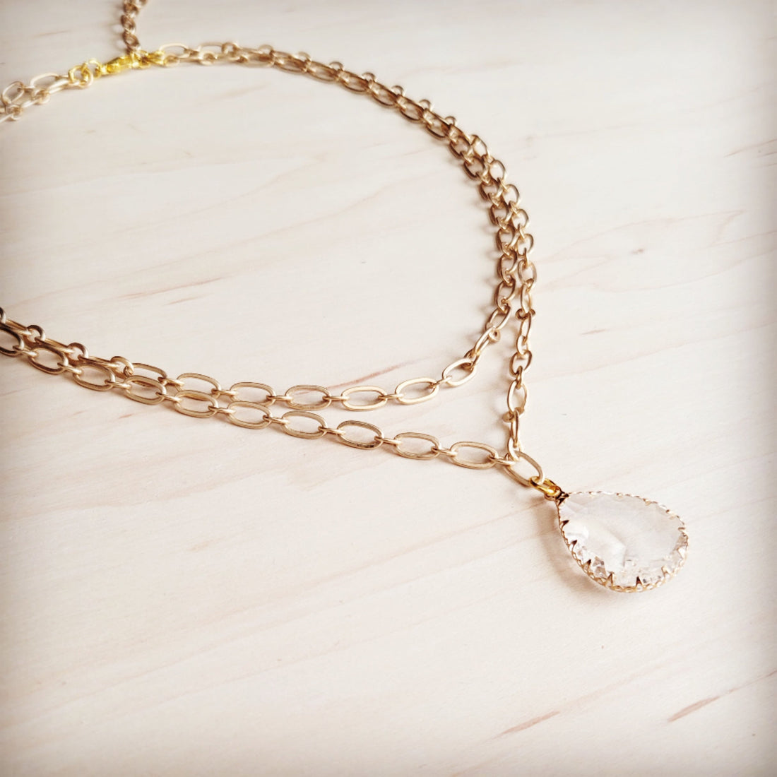 Double Strand Gold Chain Necklace with Teardrop Pendant