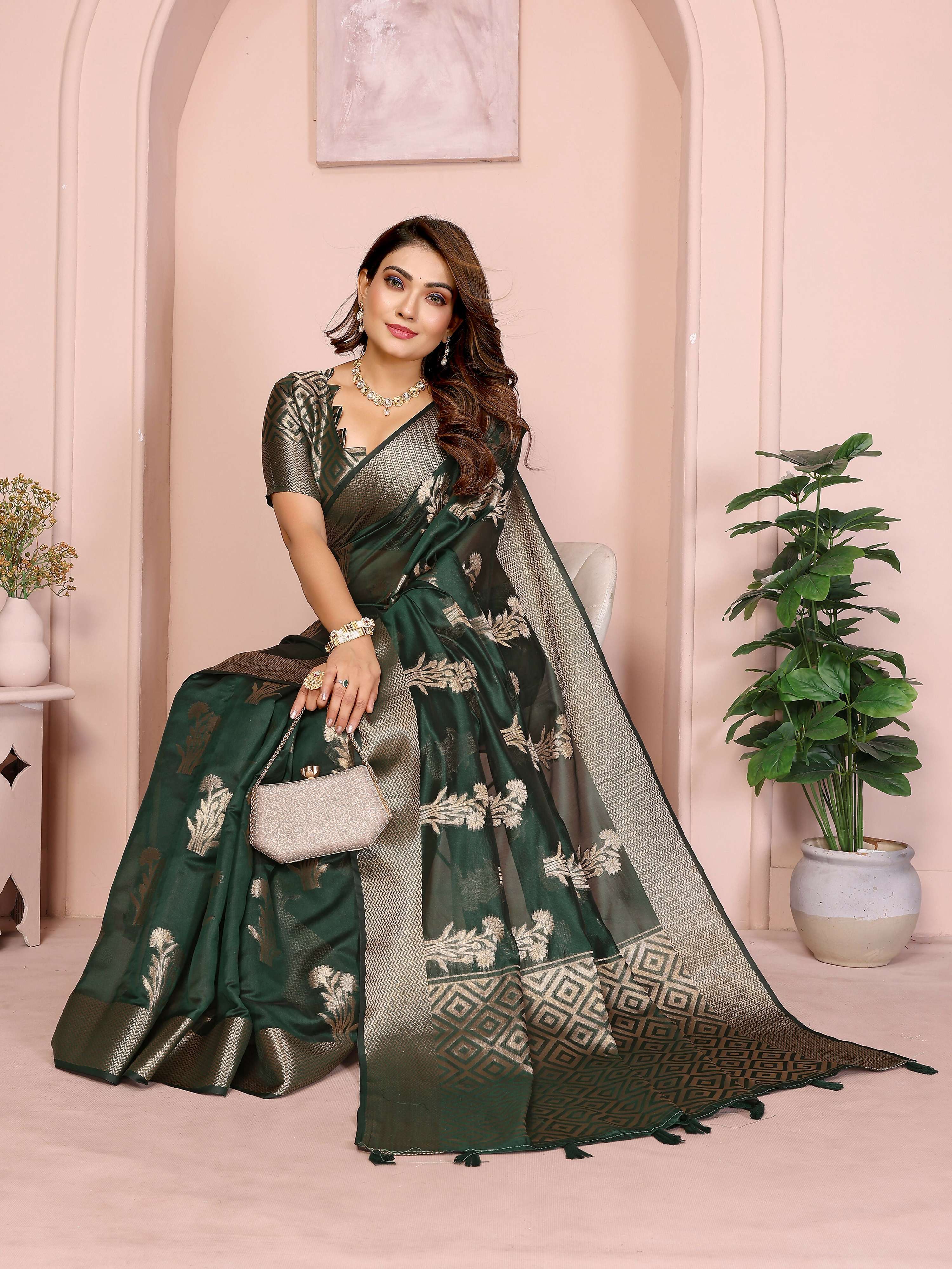 Dark Green Soft Organza Silk Saree with Weaving Work