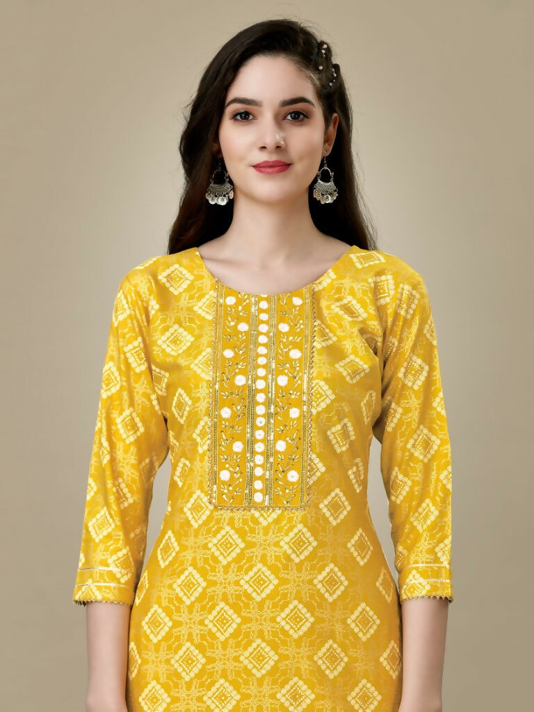 Women's Yellow Embroidered Straight Kurta Pant Set