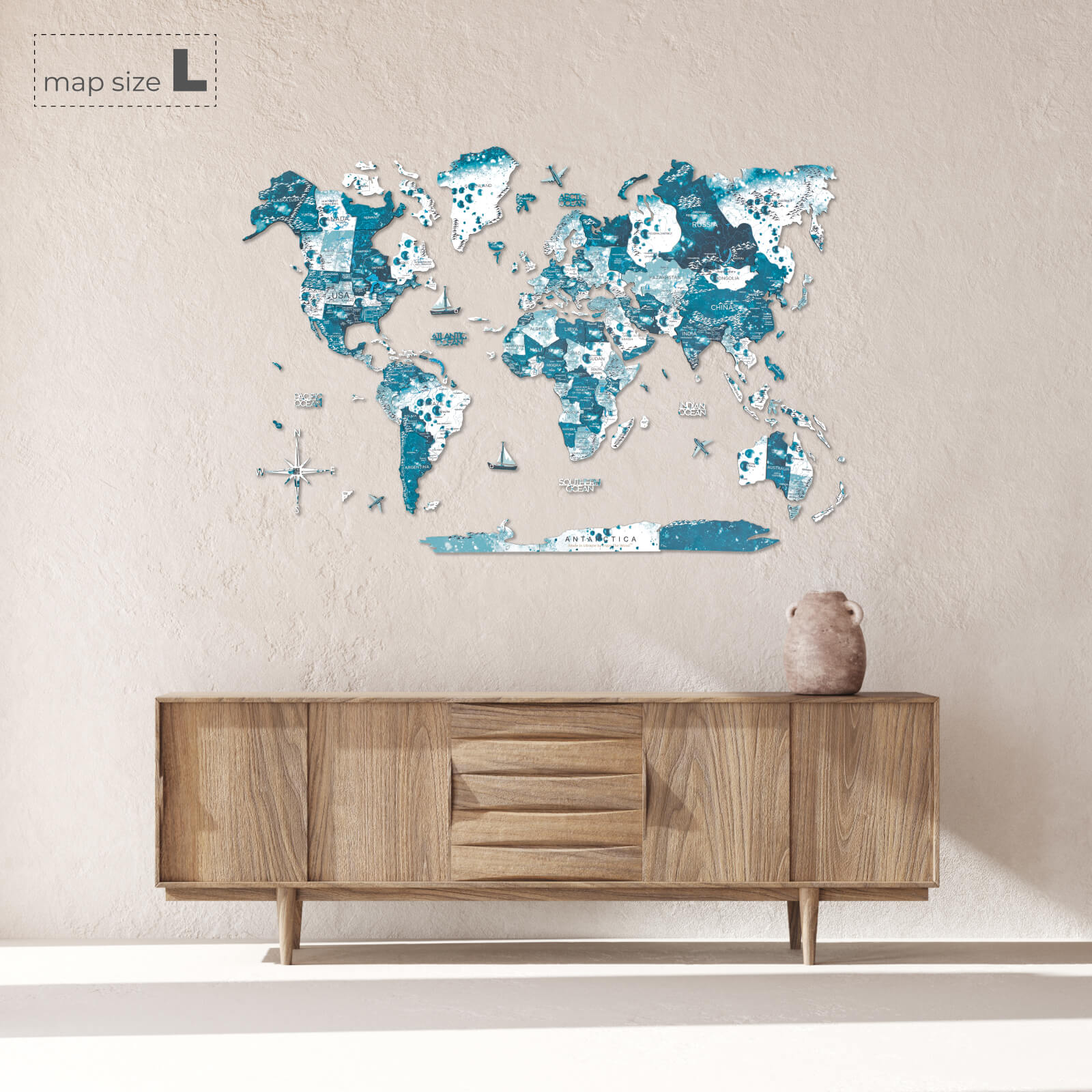3D Wooden World Map Aurora Blue Wall Art for Home Decor