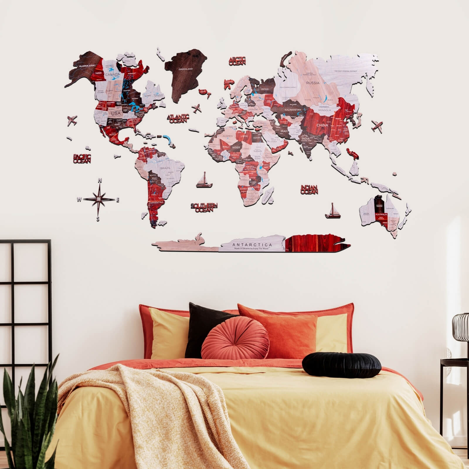 3D Wooden World Map Urban Multicolor Modern Wall Art