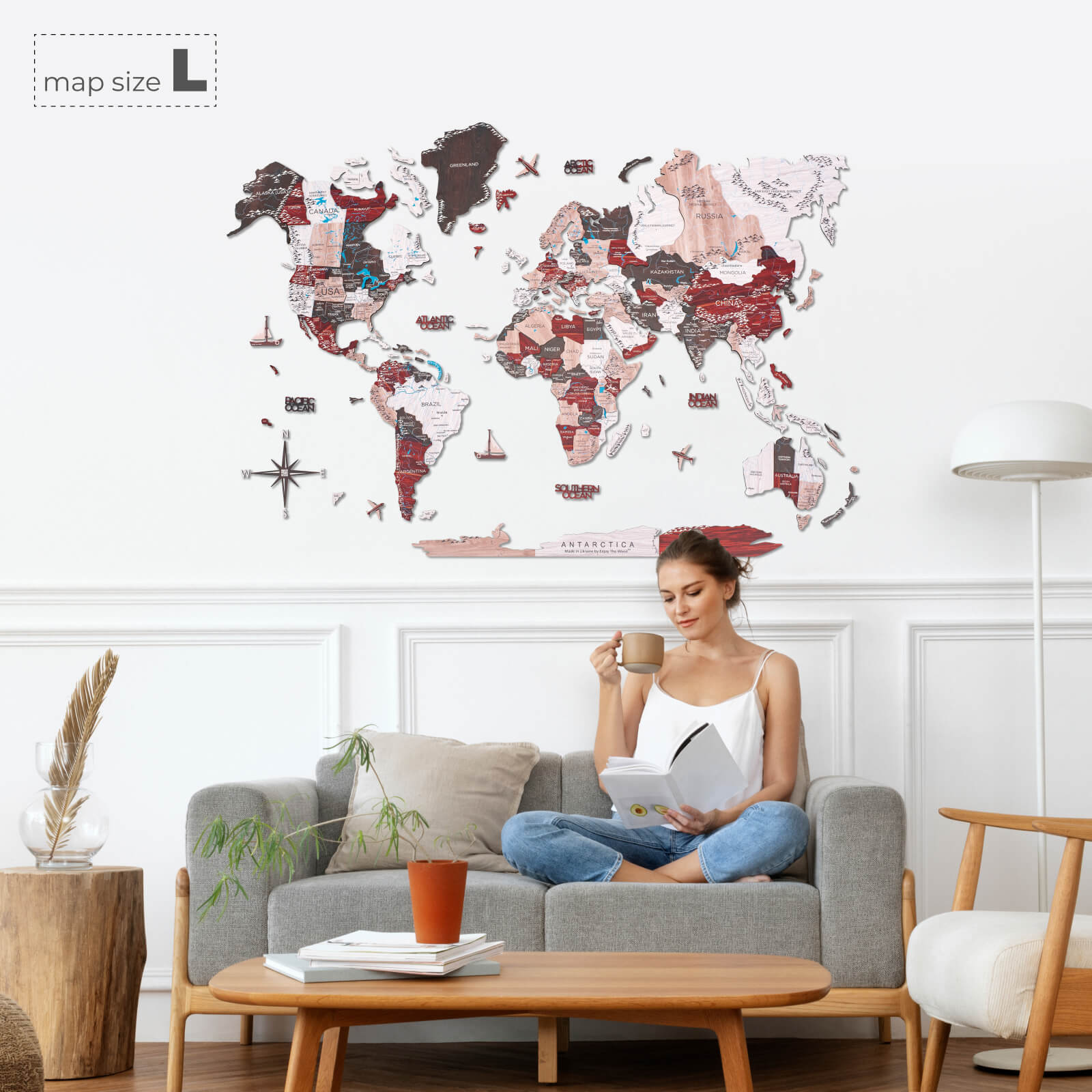3D Wooden World Map Urban Multicolor Modern Wall Art