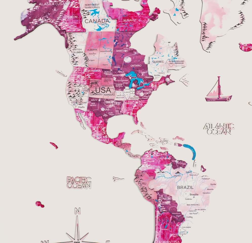 3D Wooden World Map Wall Art, Large Ombré Pink Geometric Decor