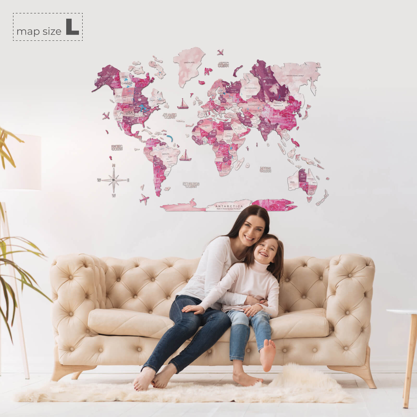 3D Wooden World Map Wall Art, Large Ombré Pink Geometric Decor
