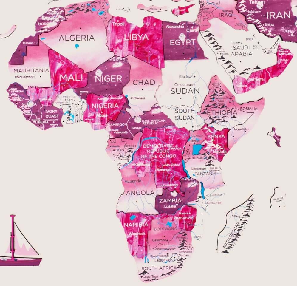 3D Wooden World Map Wall Art, Large Ombré Pink Geometric Decor