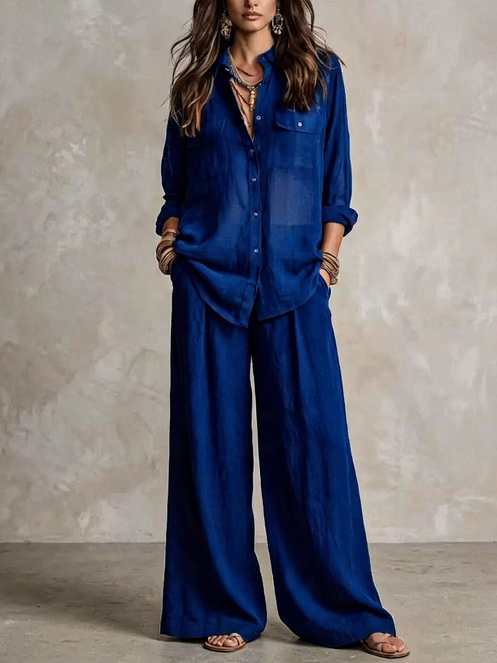 Women's Linen Two-Piece Set – Long Sleeve Shirt & Wide-Leg Pants