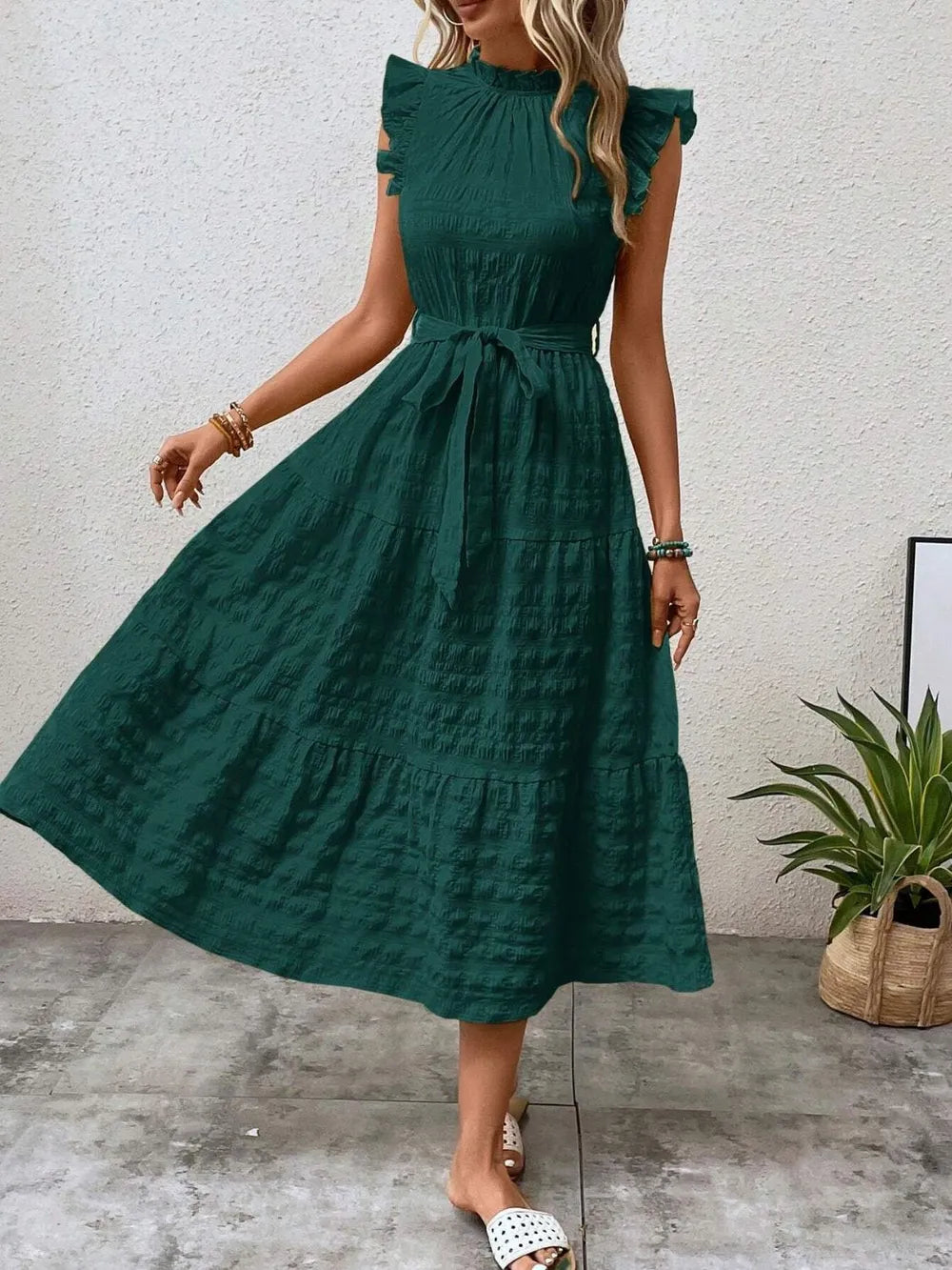 Tied Ruffled Cap Sleeve Midi Dress – Feminine Flowy Style