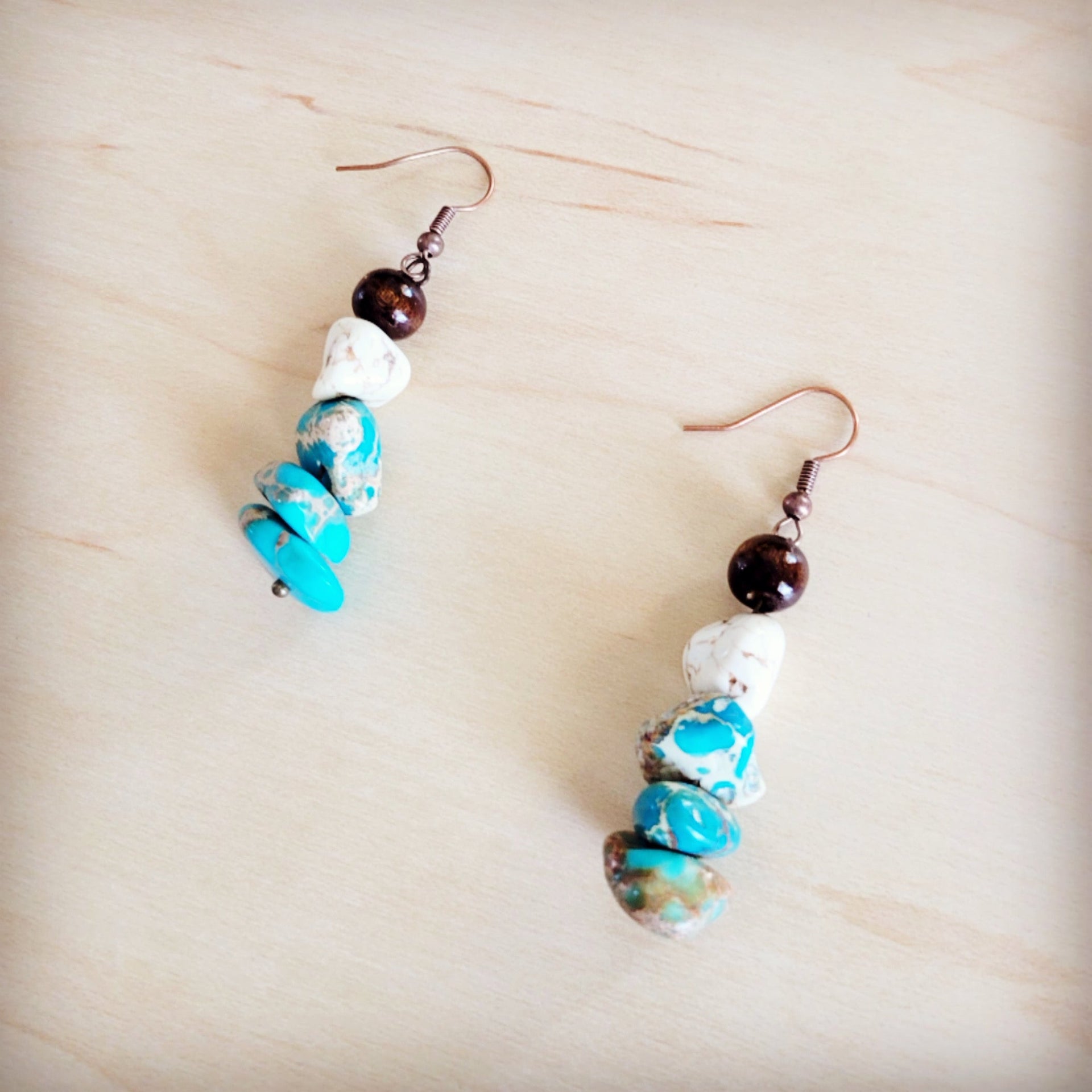 Regalite and Turquoise Wood Drop Earrings Bohemian Style - Image 2
