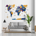 3D multi-colored wooden world map on fiberboard, featuring blue, yellow, and purple accents.