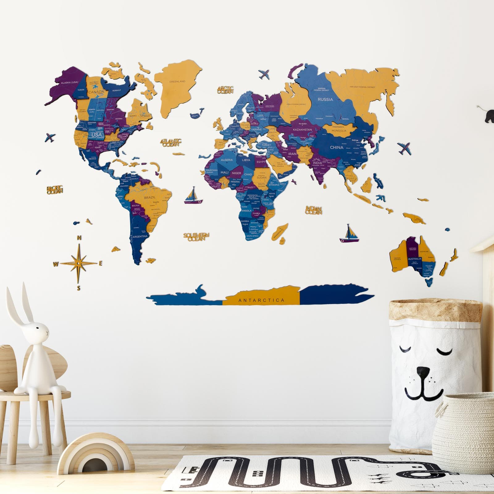 3D Wooden World Map Waterpark – Modern Fiberboard Wall Art