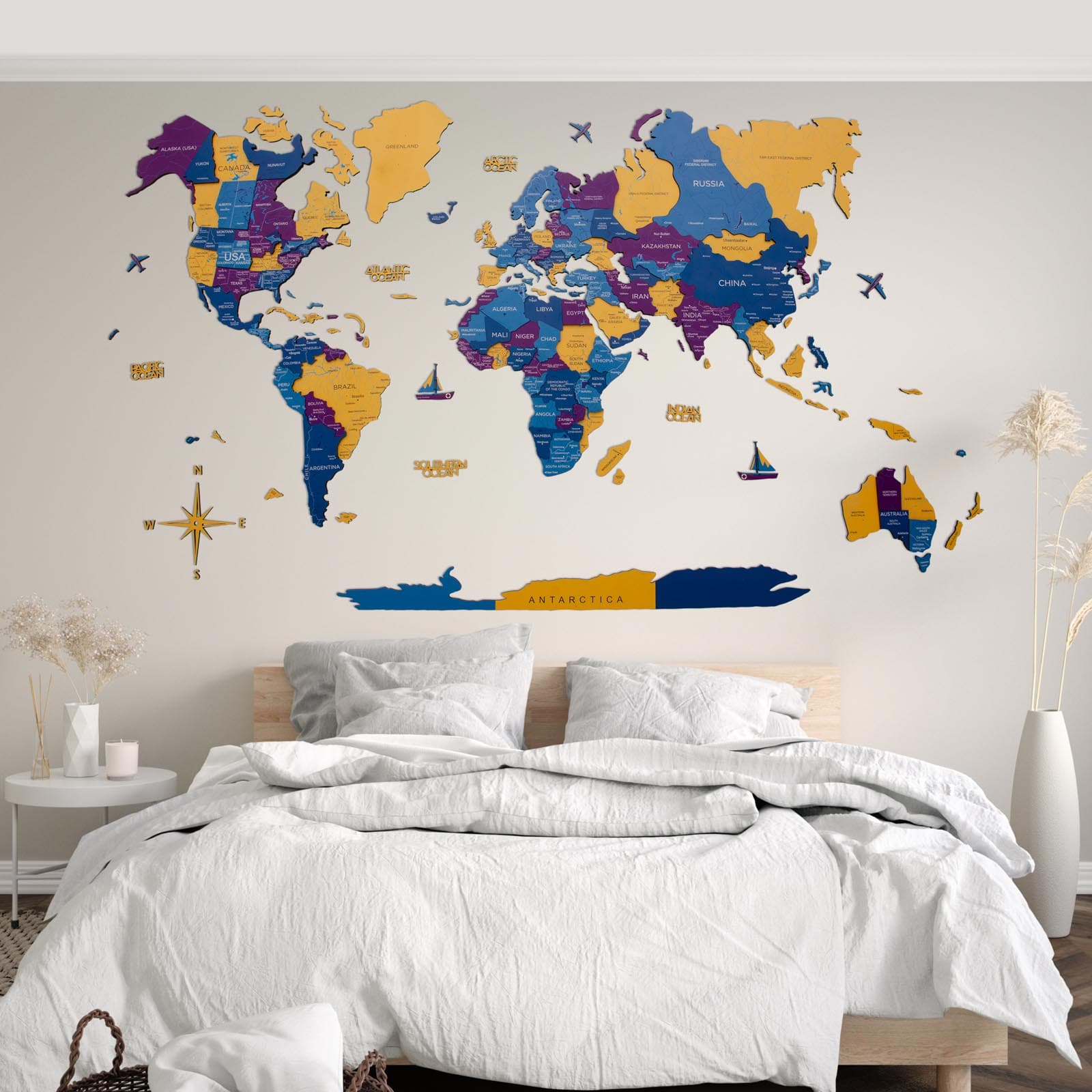3D Wooden World Map Waterpark – Modern Fiberboard Wall Art