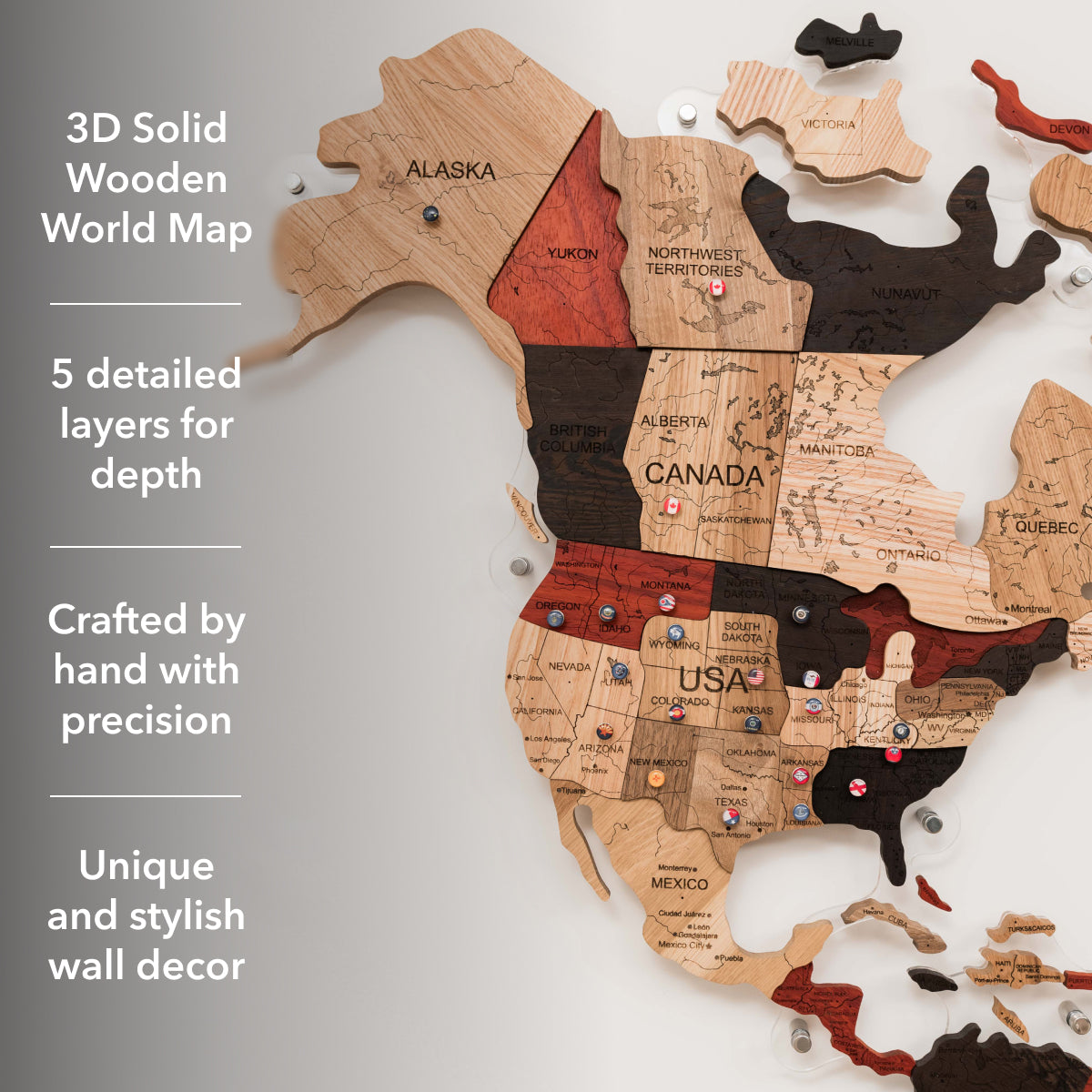 3D Solid Wooden World Map Wall Decor with Acrylic Base