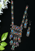 Oxidised silver-plated brass long necklace with multi-colored Kundan stones