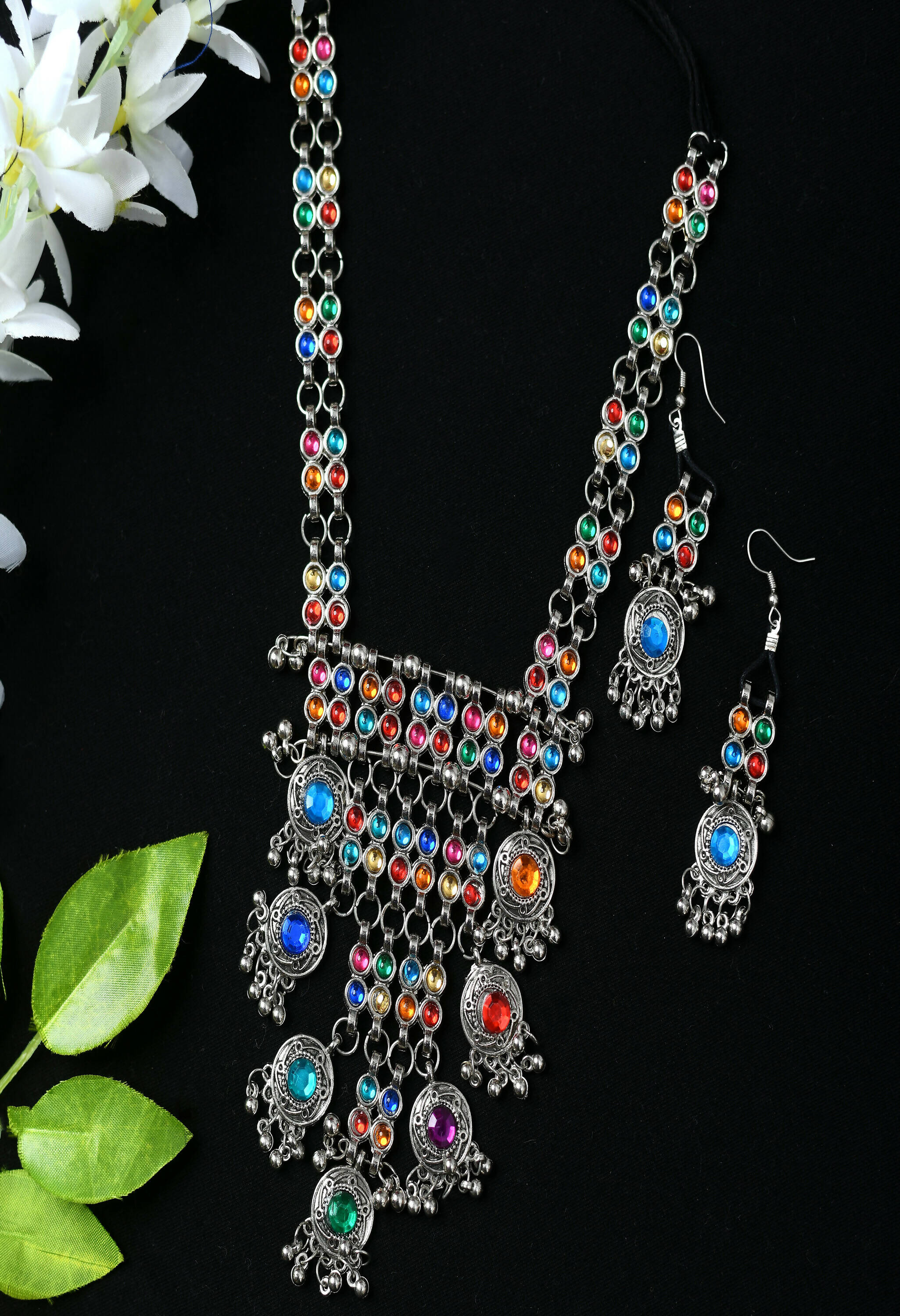 Oxidised silver-plated brass long necklace with multi-colored Kundan stones