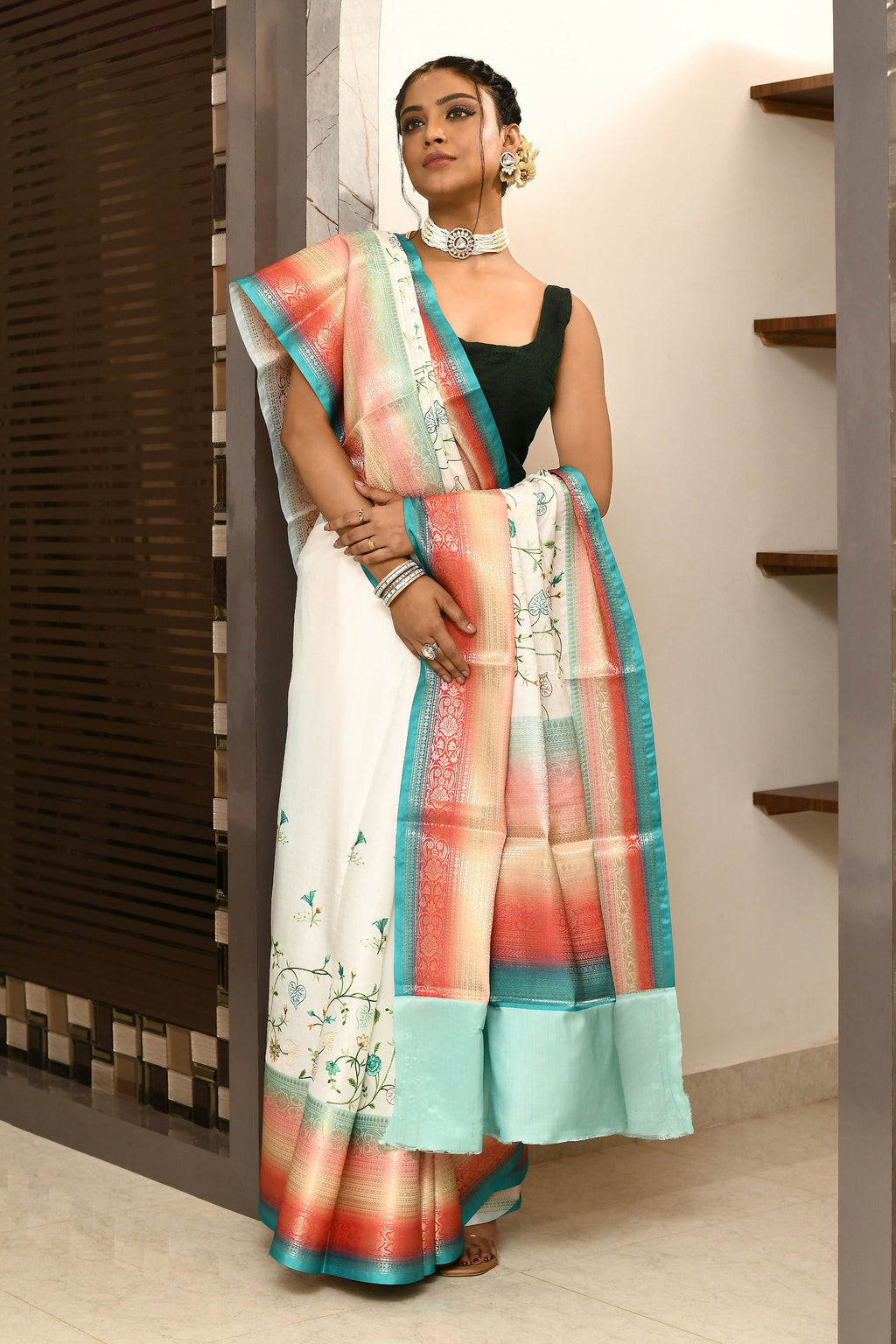Multicolor Kataan Rainbow Digital Print Saree with Embroidery