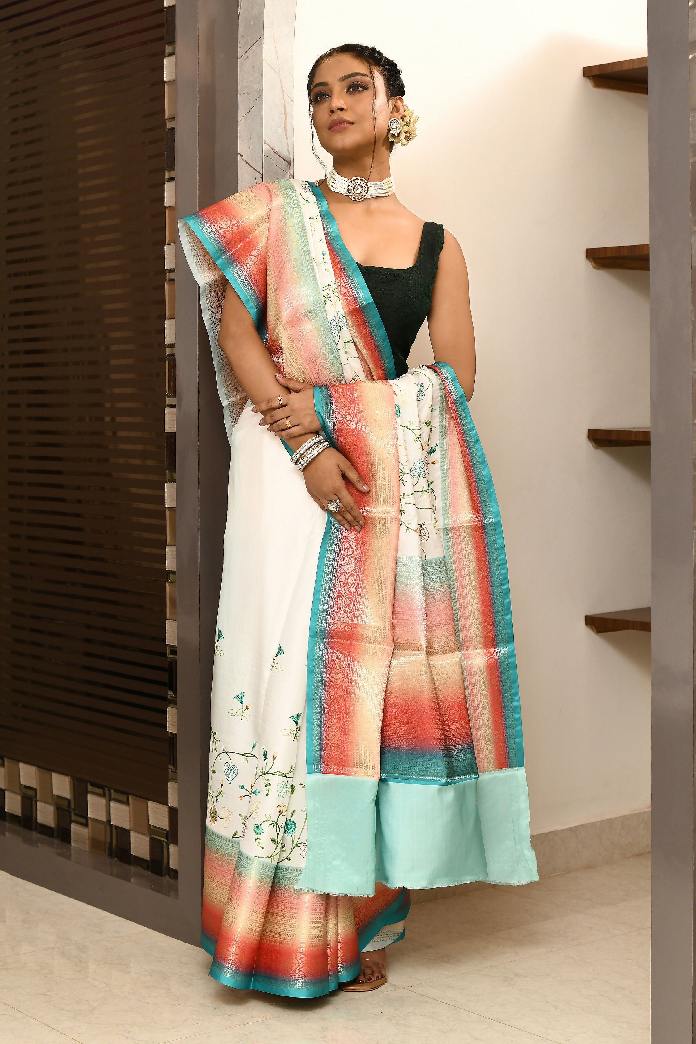 Multicolor Kataan Rainbow Digital Print Saree with Embroidery