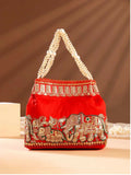Red traditional synthetic potli handbag, 7.5 x 2 x 6.5 inches