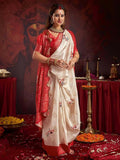 Off White satin silk saree with floral print and a contrasting red woven blouse