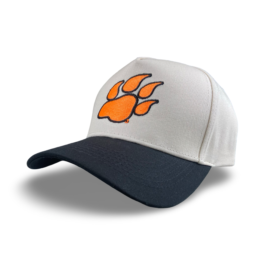 Kats Paw trucker hat with orange paw embroidery, navy bill, and beige crown