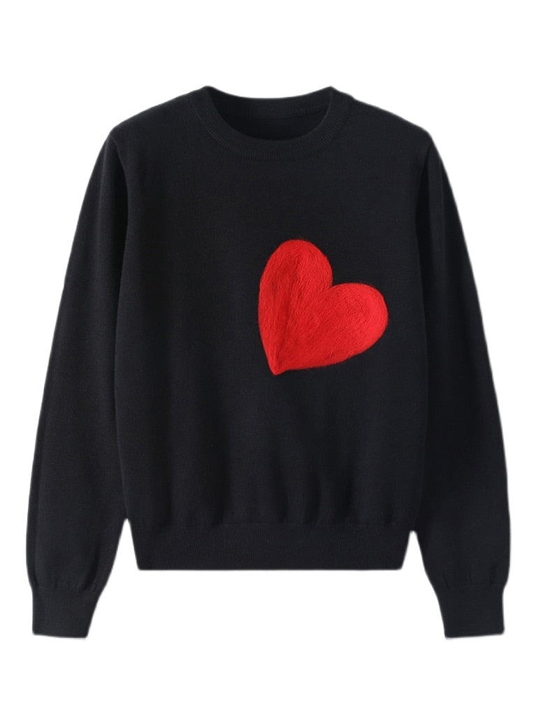 Harajuku Style Women's Black Knit Crewneck Sweater with a textured red heart design on the front.
