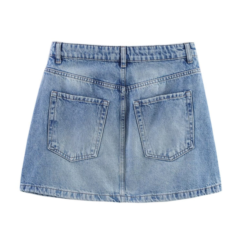 Women's Light Blue Faded Denim Look Fitted Mini Skirt - Image 2