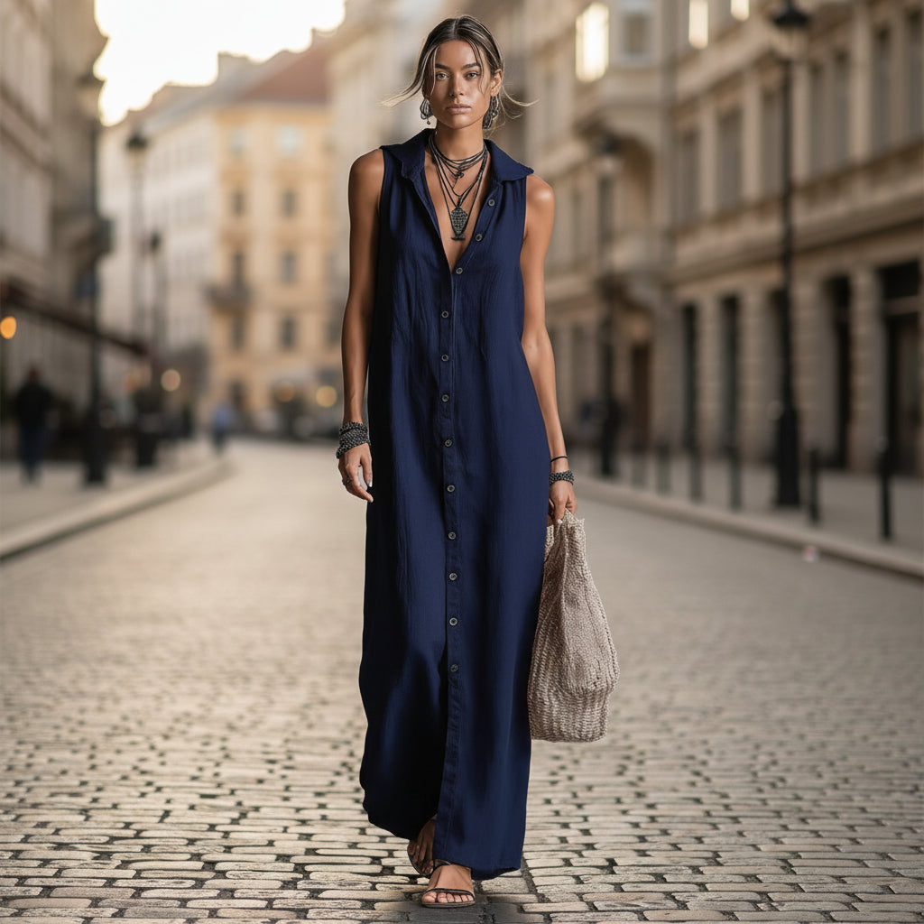 Model wearing a sleeveless button-down hooded navy blue maxi dress on a cobblestone street.