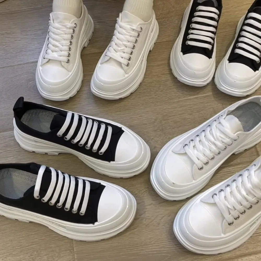 Lace-Up Round Toe Platform Sneakers – Canvas Chunky Sole Shoes