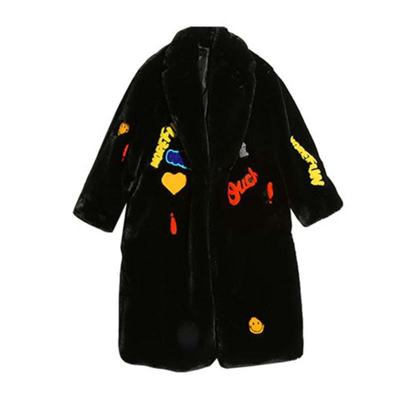 Plush Faux Fur Teddy Coat with Playful Patches - Harajuku Style - Image 4
