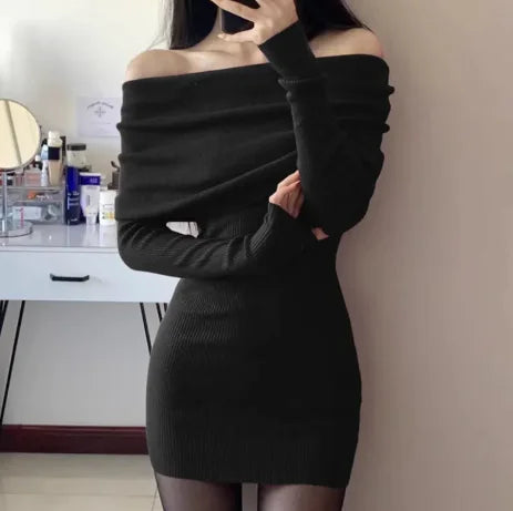 Women's Maroon Off-Shoulder Ribbed Knit Long Sleeve Mini Dress - Image 13