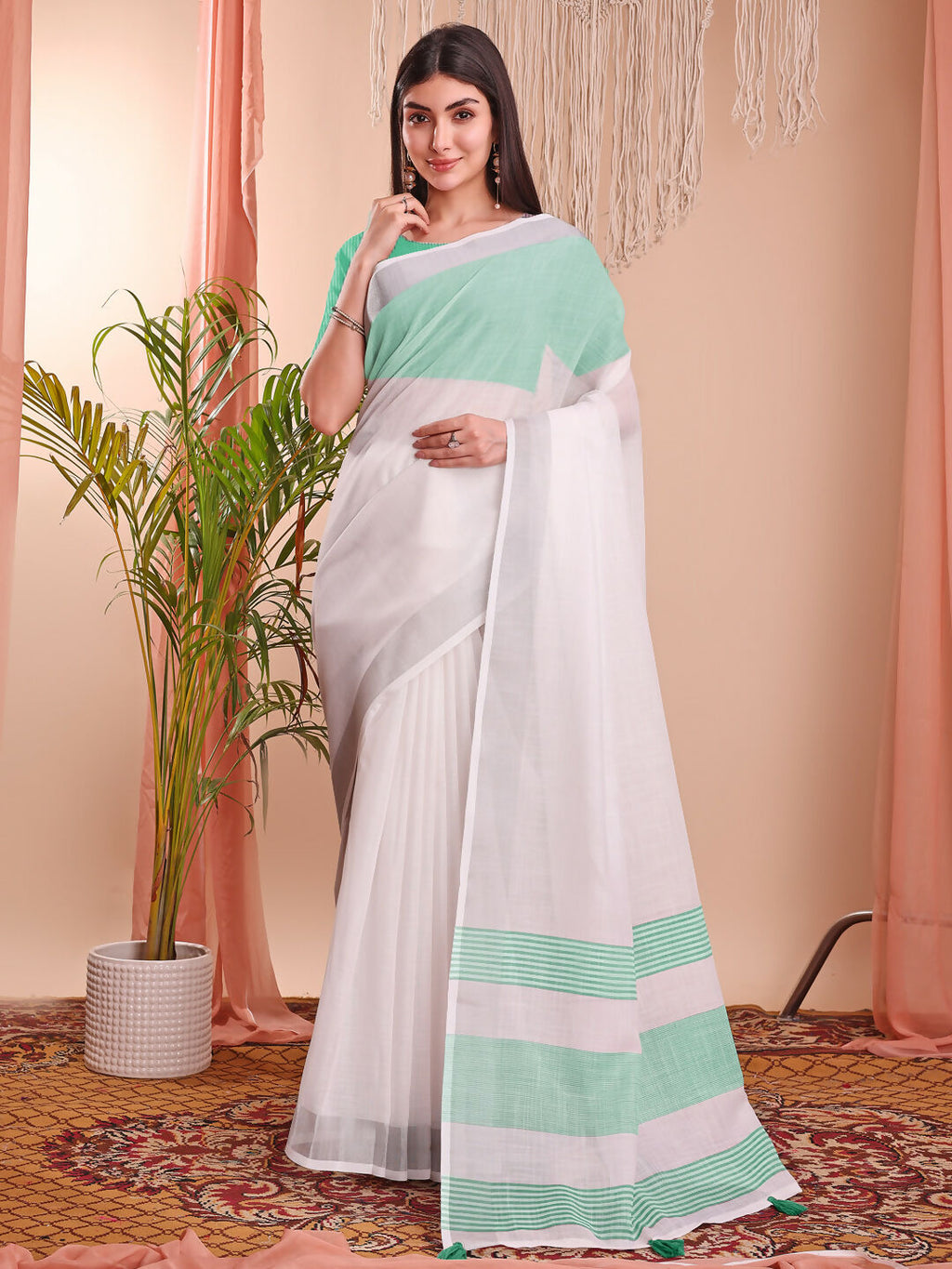 The White Loom White Linen Cotton Saree with Blouse Piece