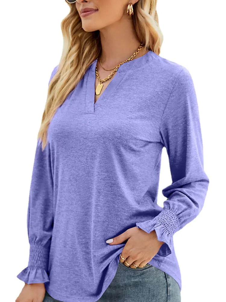 Women Long Sleeve V-Neck Lightweight Sweatshirt with Smocked Cuffs - Image 21