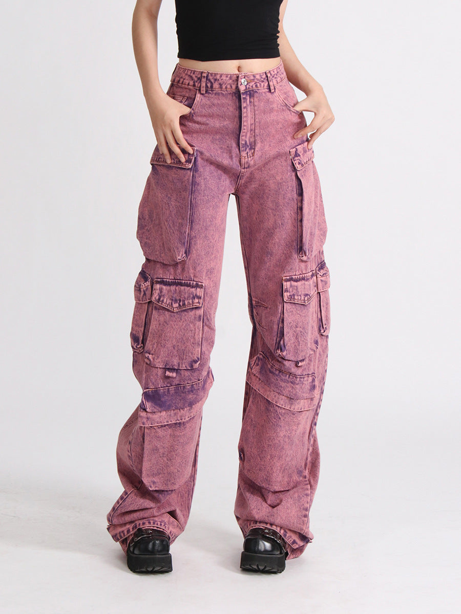 Women's Pink Acid Wash High Waist Wide Leg Patchwork Cargo Jeans - Image 2