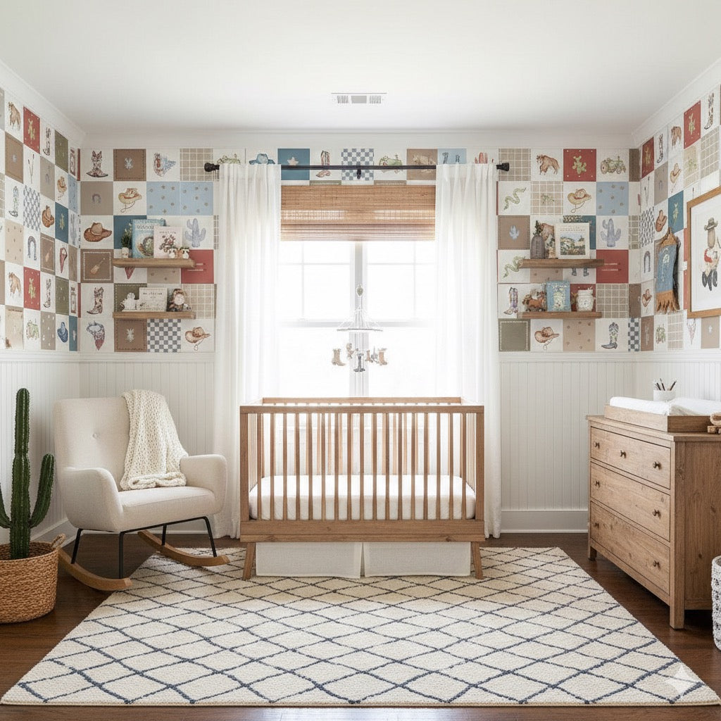 Rip geometric wallpaper in blue, brown, and red rustic-boho style
