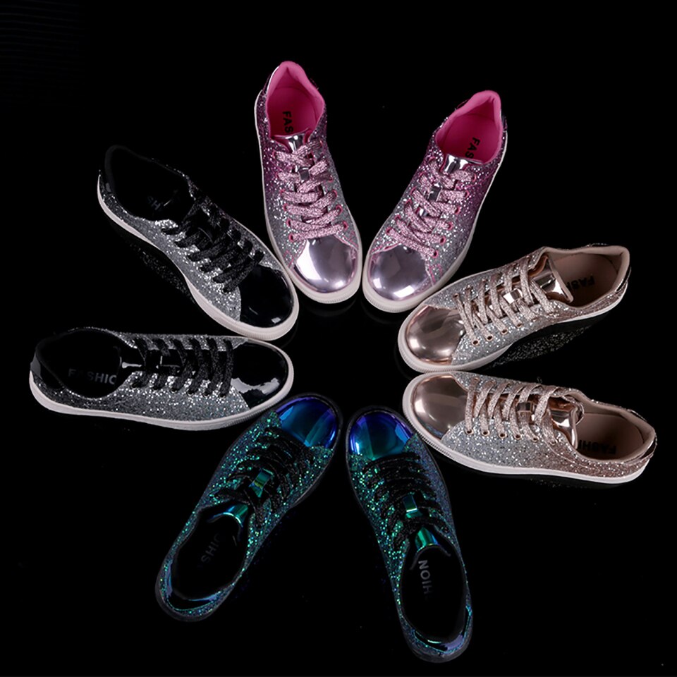 Women's Bling Green Glitter Metallic Lace-Up Sneakers - Image 2